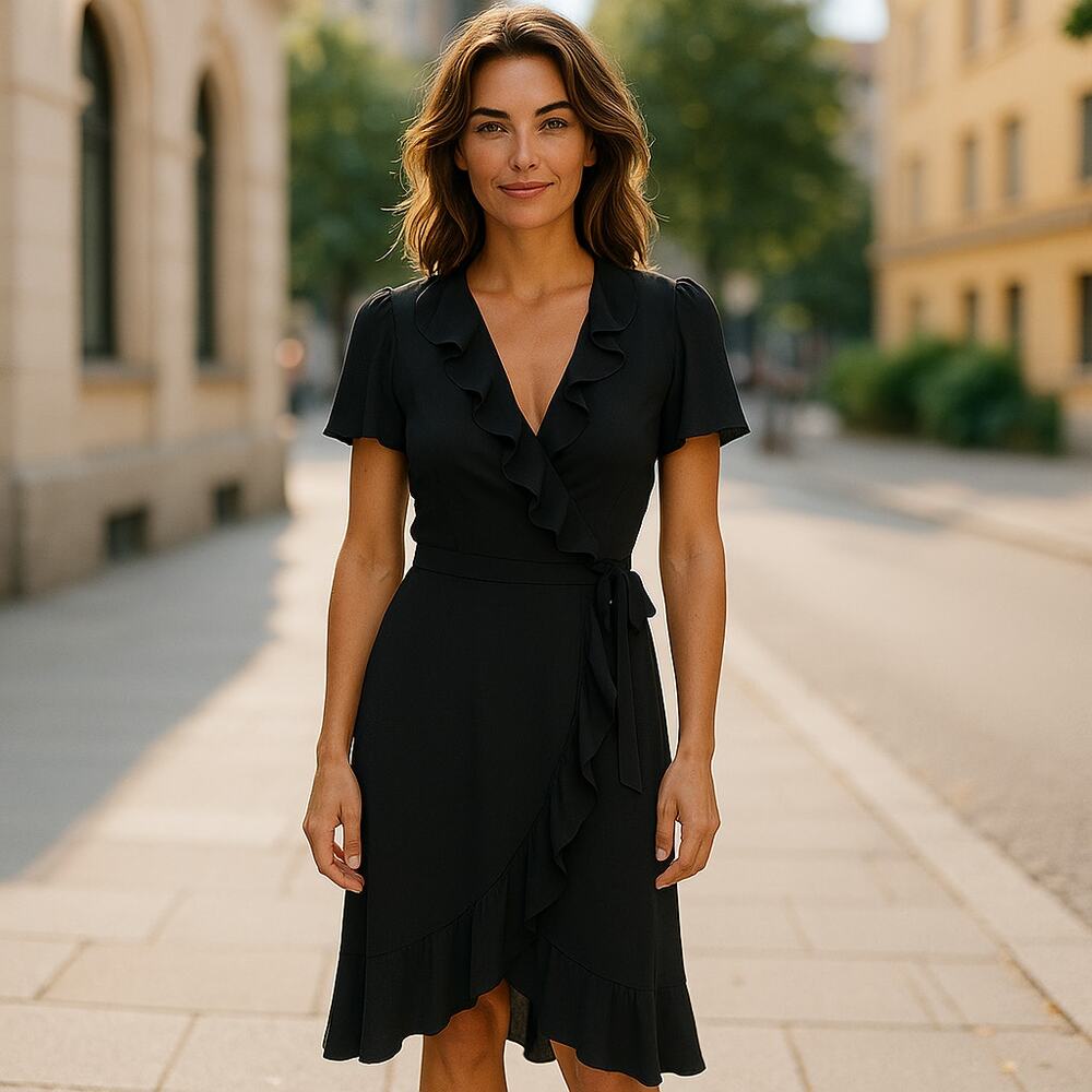 Chelsea28 Womens Dress Size S Black Ruffle Wrap Dress Midi Flutter Sleeve NEW